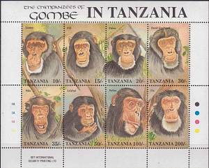 Танзания, 1992, Шимпанзе, Обезьяны, лист